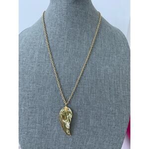 olive green painted shell feather necklace gold tone